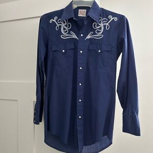 Men's Blue Western Shirt with Embroidery